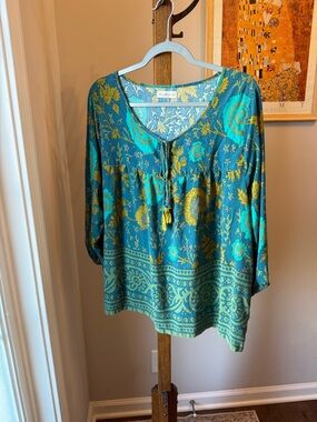NATURAL LIFE Teal and Gold Floral Tie-Neck Tunic